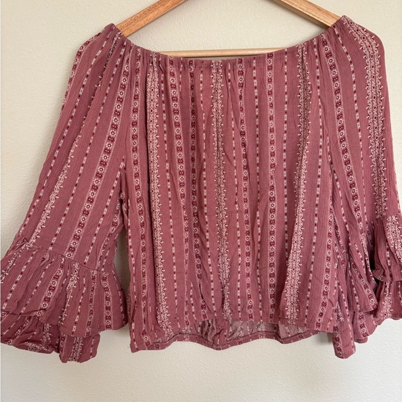 Pink Ruffled Bell Sleeve Tie Button Front Crop Flowy Boho Blouse - Picture 6 of 6